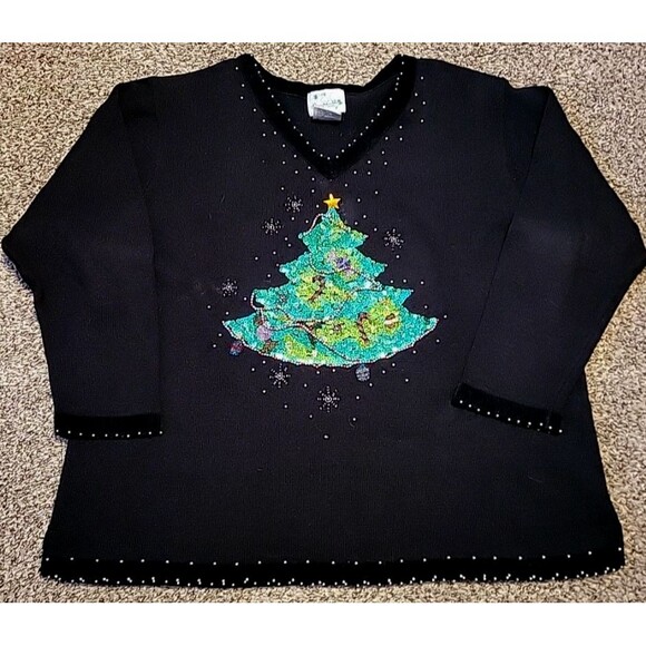 Quacker Factory Christmas Tree Sweater Embelish Bead Holiday Sequins 2X Vintage - Picture 1 of 10